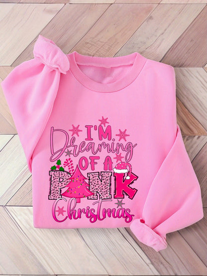 Cozy Fleece-Lined Christmas Sweatshirt for Women - Festive Pink Tree & Letter Print, Crew Neck Casual Pullover, Perfect for Fall/Winter