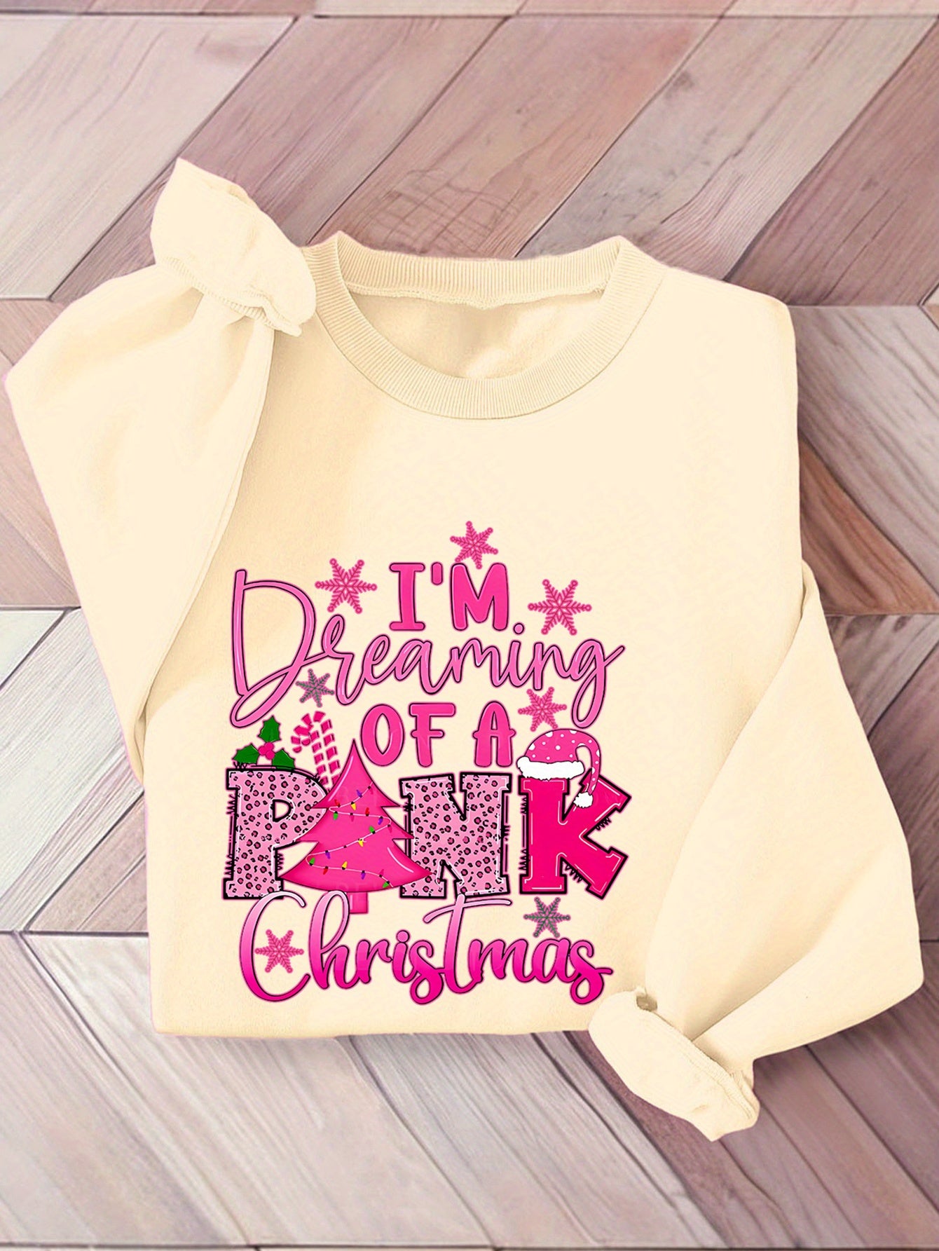 Cozy Fleece-Lined Christmas Sweatshirt for Women - Festive Pink Tree & Letter Print, Crew Neck Casual Pullover, Perfect for Fall/Winter