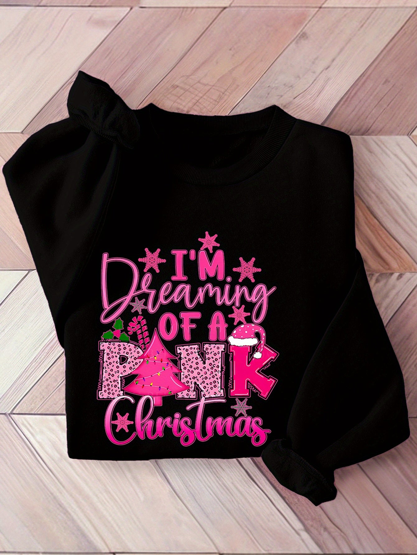 Cozy Fleece-Lined Christmas Sweatshirt for Women - Festive Pink Tree & Letter Print, Crew Neck Casual Pullover, Perfect for Fall/Winter