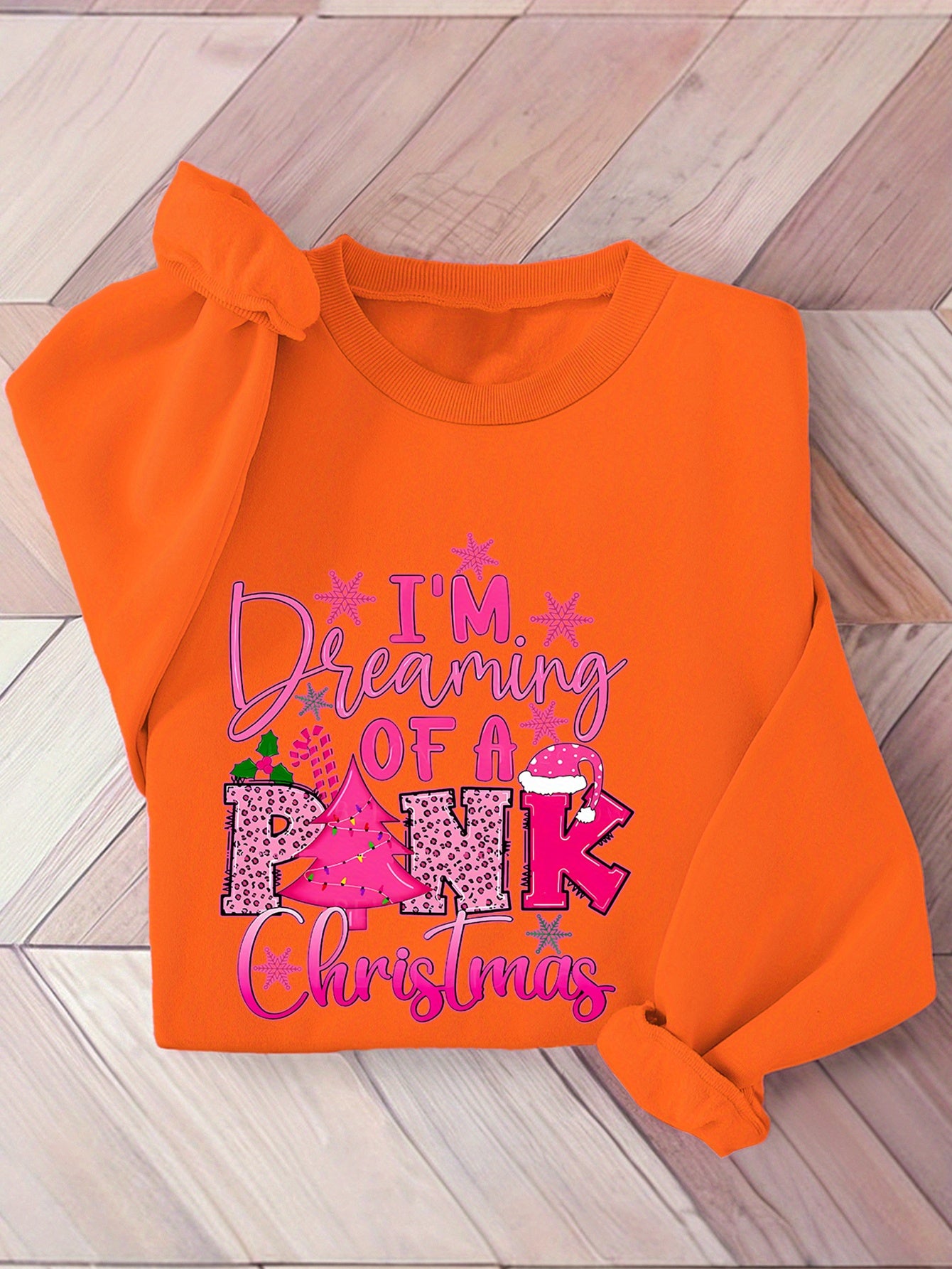 Cozy Fleece-Lined Christmas Sweatshirt for Women - Festive Pink Tree & Letter Print, Crew Neck Casual Pullover, Perfect for Fall/Winter