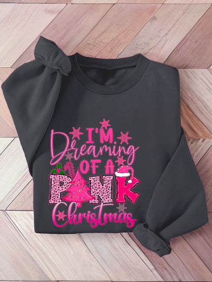 Cozy Fleece-Lined Christmas Sweatshirt for Women - Festive Pink Tree & Letter Print, Crew Neck Casual Pullover, Perfect for Fall/Winter