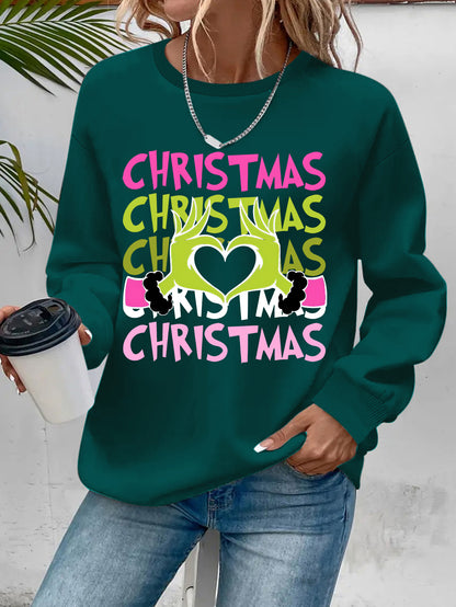 Women's Christmas Crew Neck Sweatshirt - 100% Polyester Knit Fabric Pullover with Cartoon Finger Heart Print, Casual Long Sleeve Top for Spring/Fall