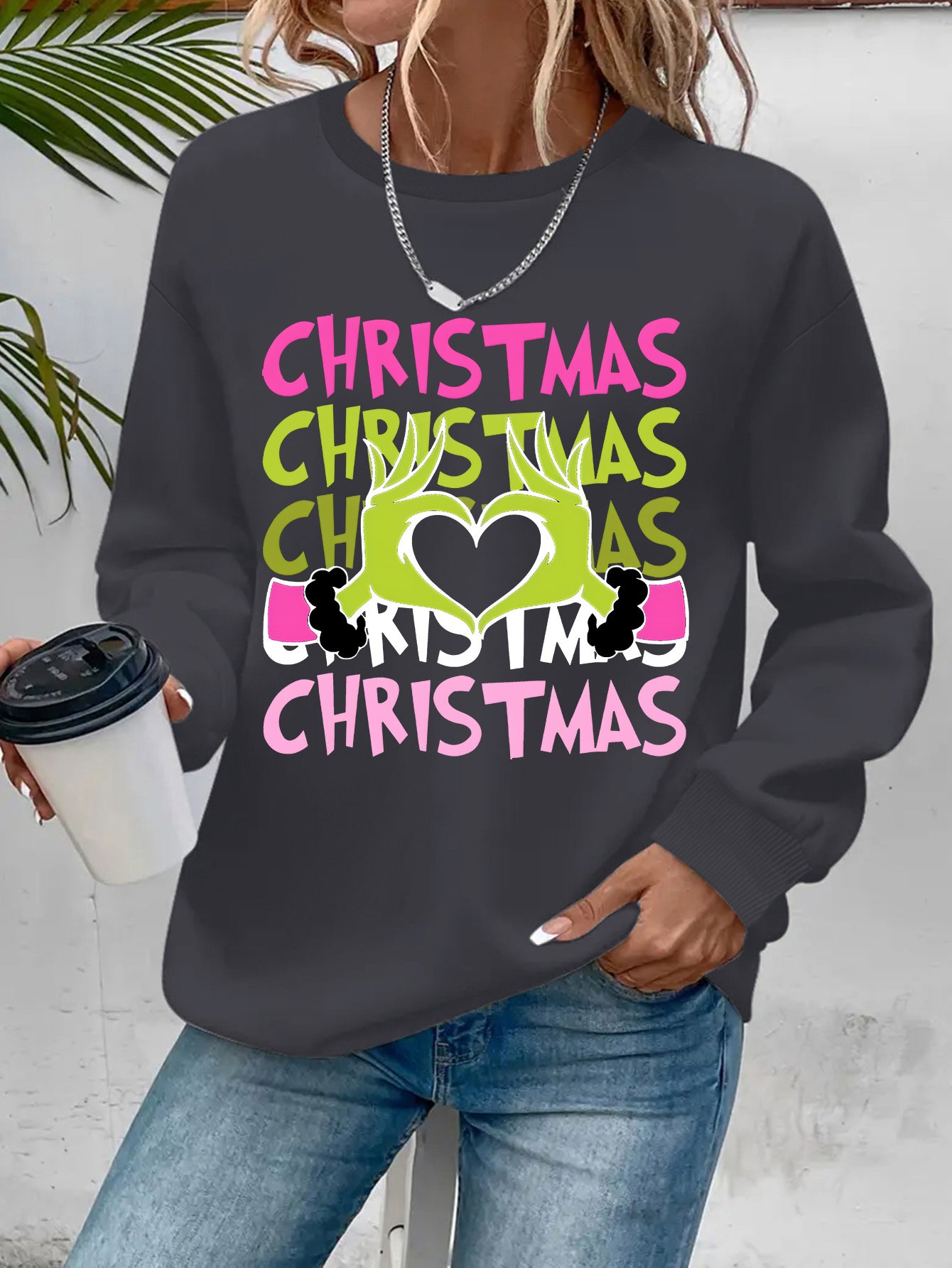 Women's Christmas Crew Neck Sweatshirt - 100% Polyester Knit Fabric Pullover with Cartoon Finger Heart Print, Casual Long Sleeve Top for Spring/Fall