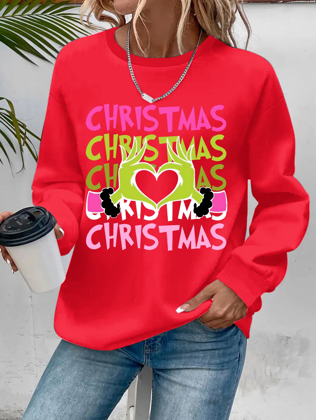 Women's Christmas Crew Neck Sweatshirt - 100% Polyester Knit Fabric Pullover with Cartoon Finger Heart Print, Casual Long Sleeve Top for Spring/Fall