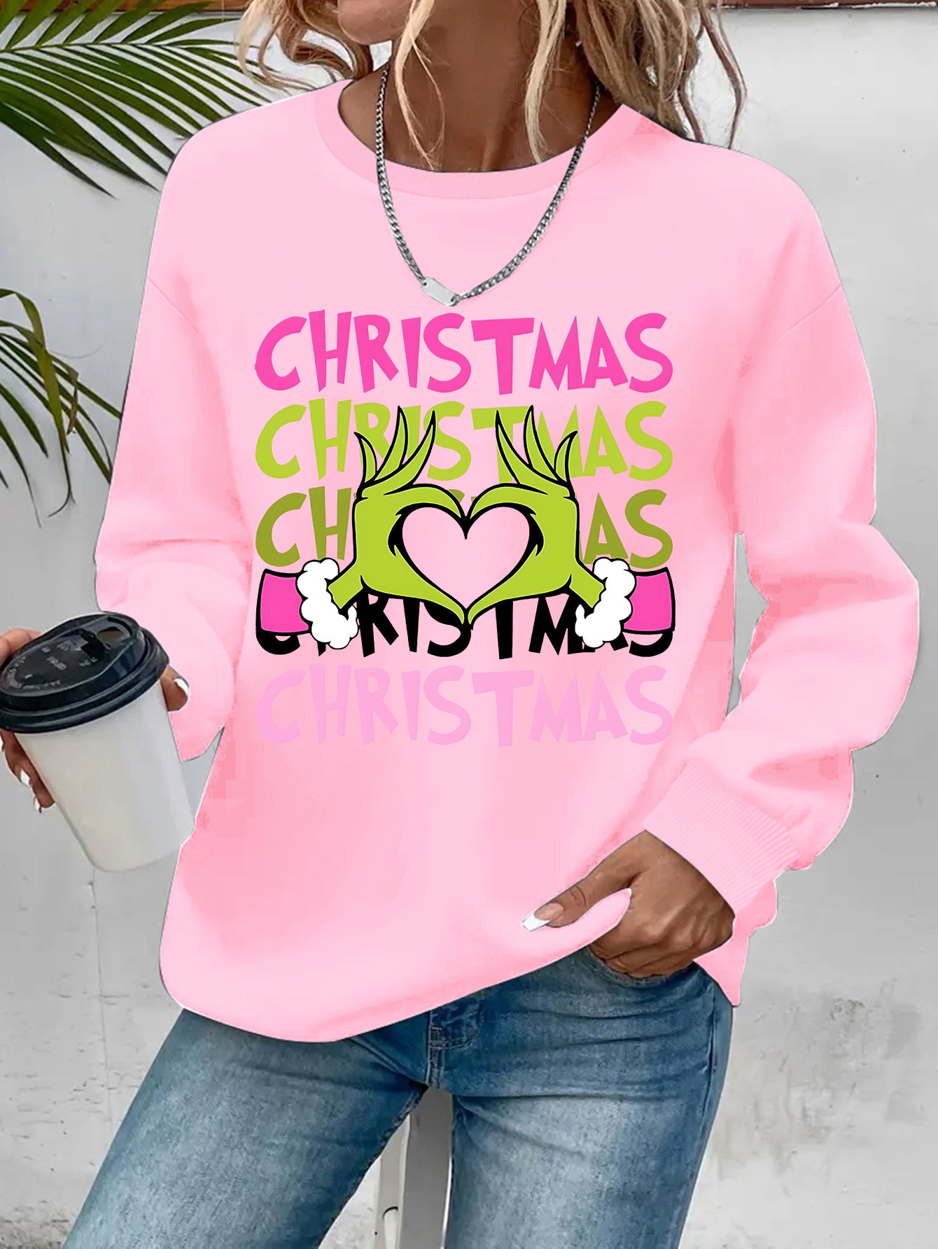 Women's Christmas Crew Neck Sweatshirt - 100% Polyester Knit Fabric Pullover with Cartoon Finger Heart Print, Casual Long Sleeve Top for Spring/Fall