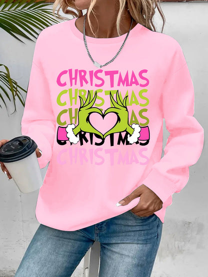 Women's Christmas Crew Neck Sweatshirt - 100% Polyester Knit Fabric Pullover with Cartoon Finger Heart Print, Casual Long Sleeve Top for Spring/Fall