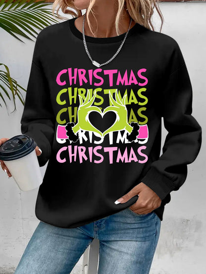 Women's Christmas Crew Neck Sweatshirt - 100% Polyester Knit Fabric Pullover with Cartoon Finger Heart Print, Casual Long Sleeve Top for Spring/Fall