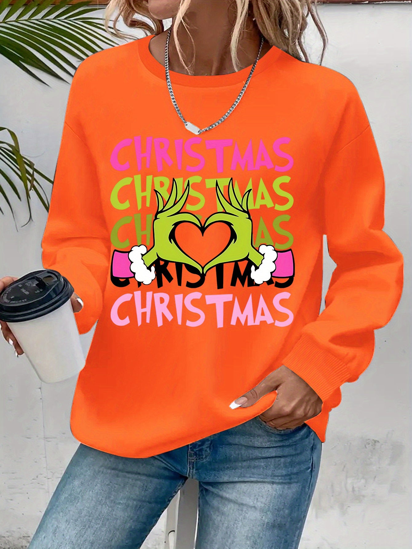 Women's Christmas Crew Neck Sweatshirt - 100% Polyester Knit Fabric Pullover with Cartoon Finger Heart Print, Casual Long Sleeve Top for Spring/Fall