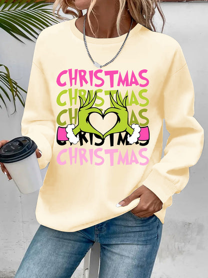 Women's Christmas Crew Neck Sweatshirt - 100% Polyester Knit Fabric Pullover with Cartoon Finger Heart Print, Casual Long Sleeve Top for Spring/Fall