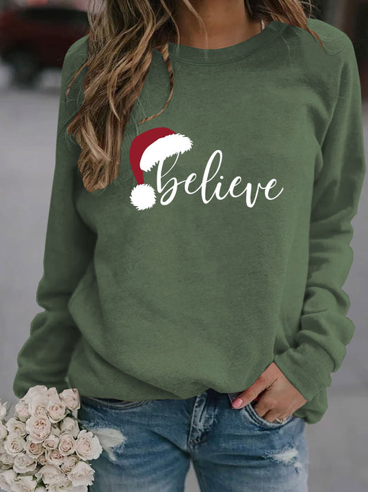 Cozy Festive Green Christmas Believe Print Crew Neck Sweatshirt - Soft Polyester & Elastane Knit Fabric, Long Sleeve Pullover, Comfort Fit, All Seasons Wear