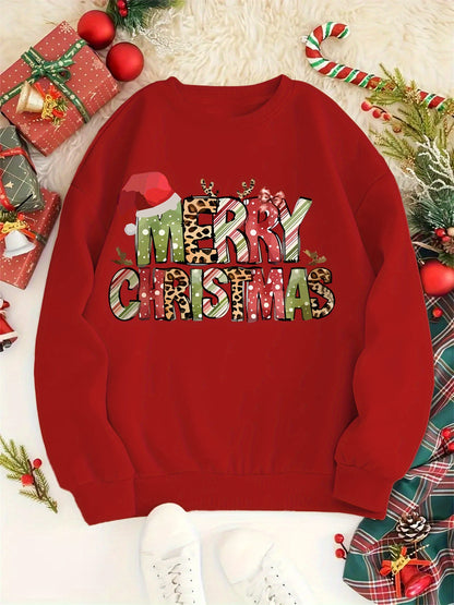 Merry Christmas Festive Print Crew Neck Sweatshirt - Knit Polyester Casual Pullover for All Seasons - Women's Holiday Fashion Top