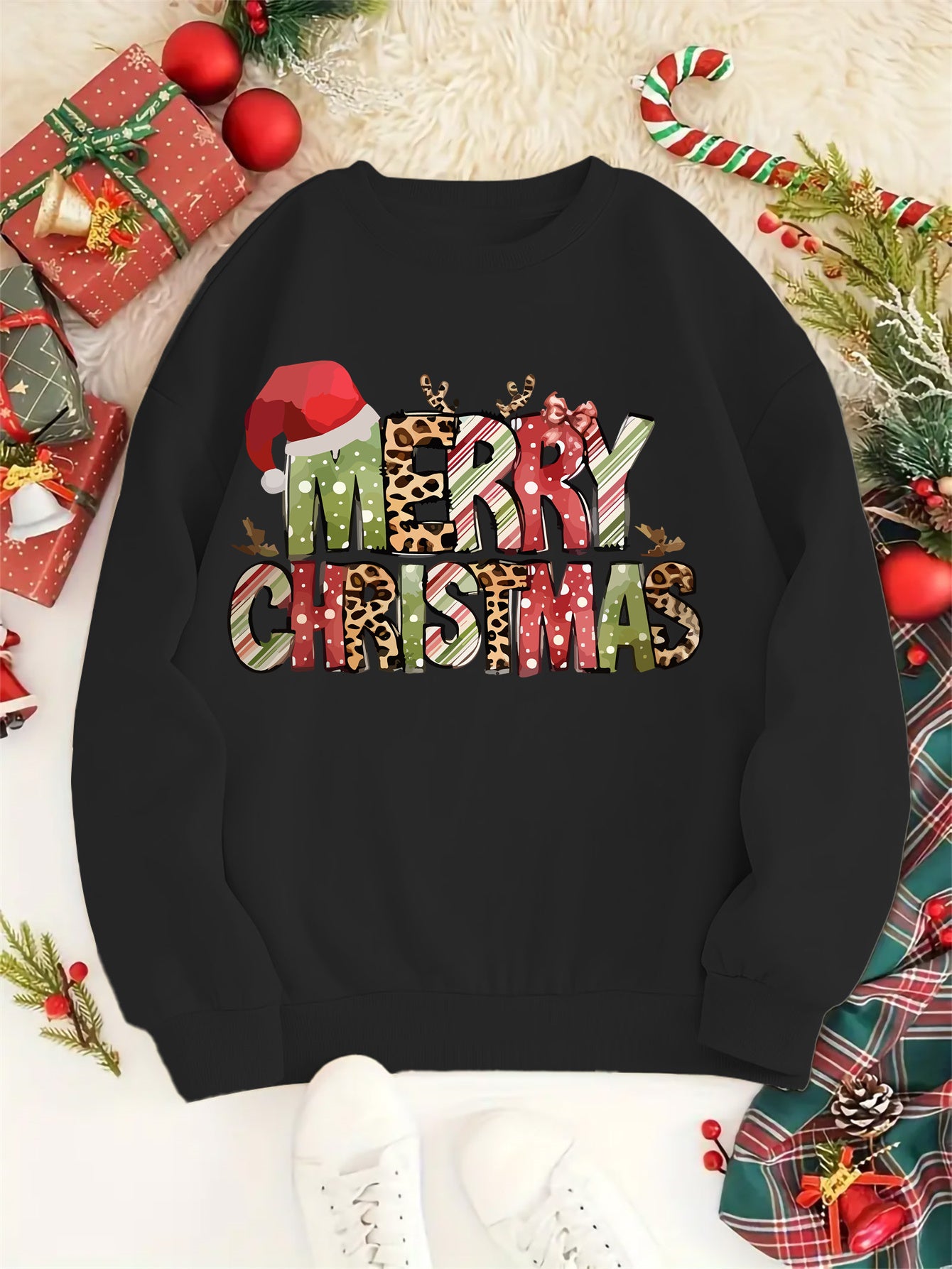 Merry Christmas Festive Print Crew Neck Sweatshirt - Knit Polyester Casual Pullover for All Seasons - Women's Holiday Fashion Top