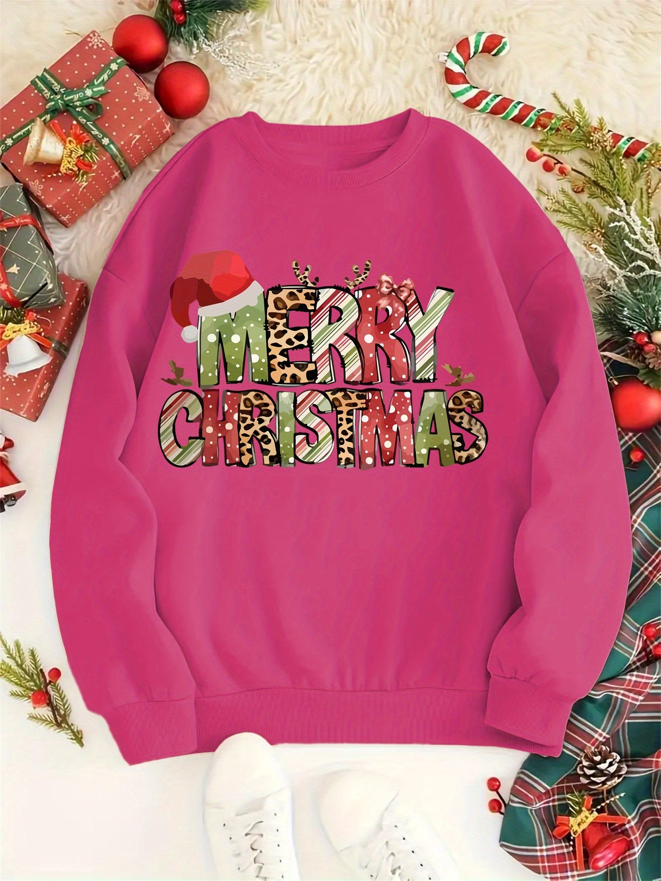 Merry Christmas Festive Print Crew Neck Sweatshirt - Knit Polyester Casual Pullover for All Seasons - Women's Holiday Fashion Top