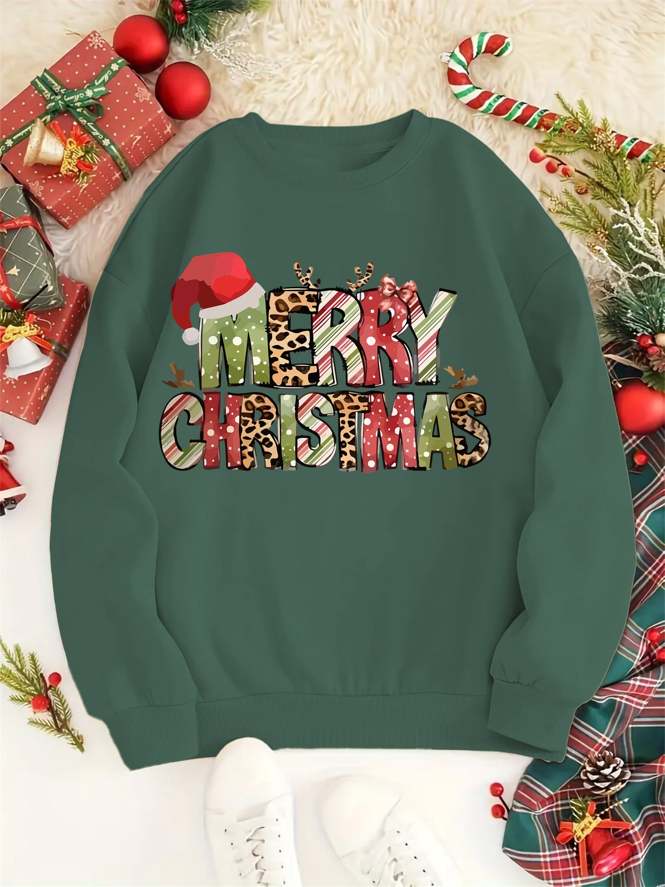 Merry Christmas Festive Print Crew Neck Sweatshirt - Knit Polyester Casual Pullover for All Seasons - Women's Holiday Fashion Top