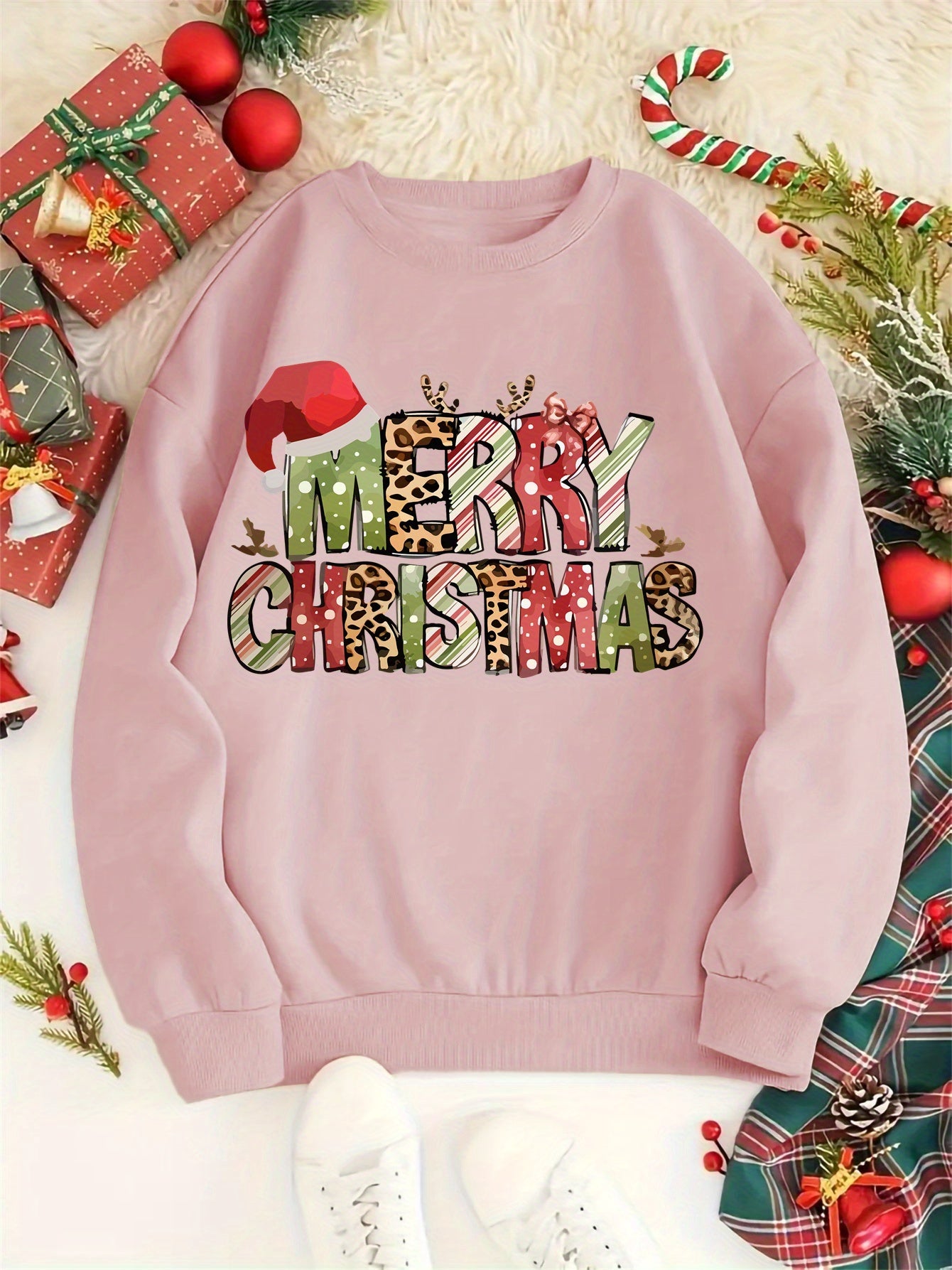 Merry Christmas Festive Print Crew Neck Sweatshirt - Knit Polyester Casual Pullover for All Seasons - Women's Holiday Fashion Top