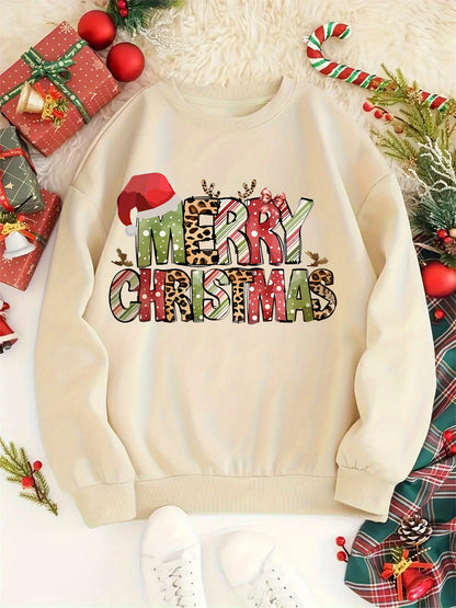 Merry Christmas Festive Print Crew Neck Sweatshirt - Knit Polyester Casual Pullover for All Seasons - Women's Holiday Fashion Top