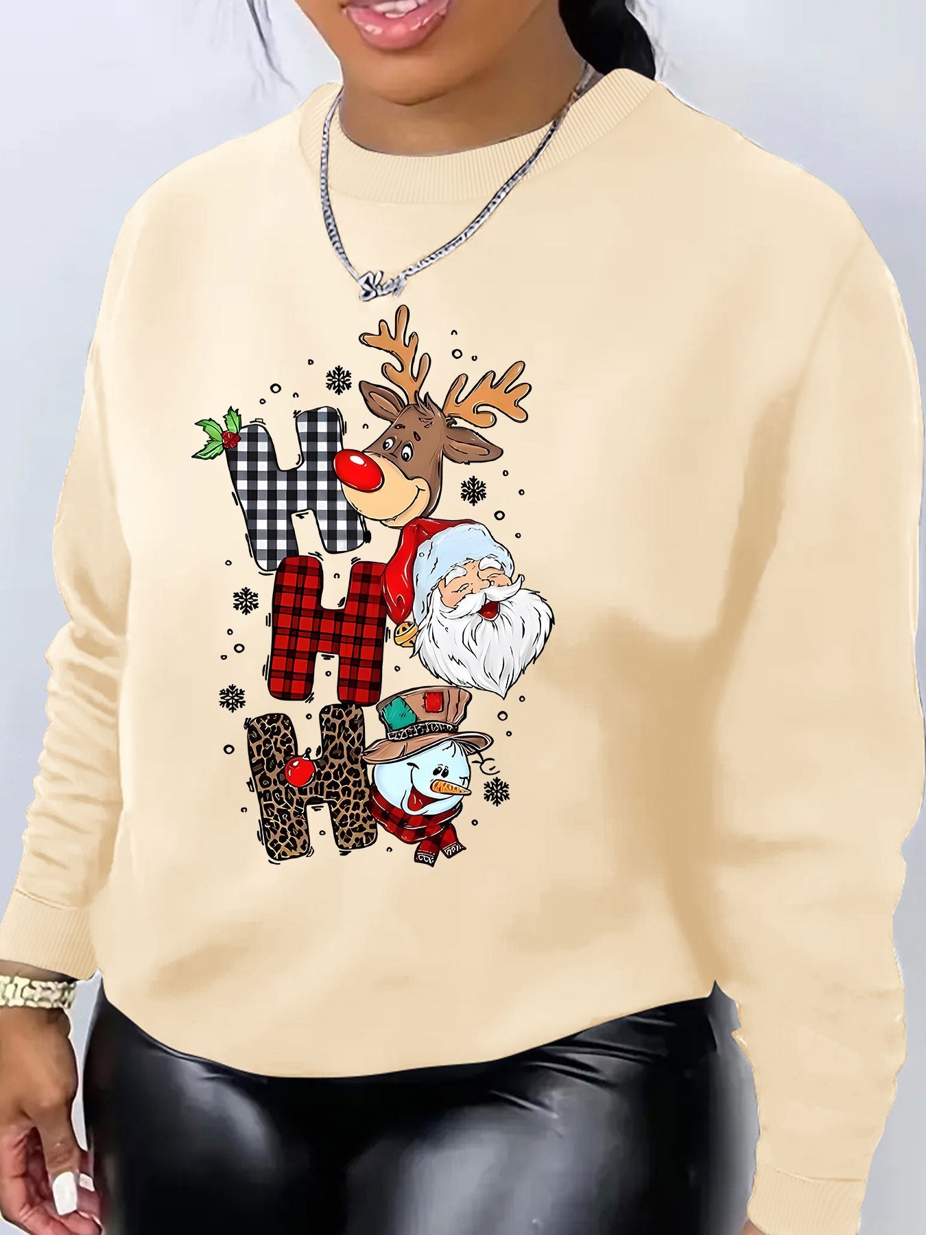 Women's Christmas Reindeer Print Sweatshirt, Casual Round Neck Pullover, Polyester Knit Fabric, Festive Holiday Fashion Top for Fall/Winter Season