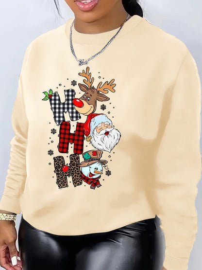 Women's Christmas Reindeer Print Sweatshirt, Casual Round Neck Pullover, Polyester Knit Fabric, Festive Holiday Fashion Top for Fall/Winter Season