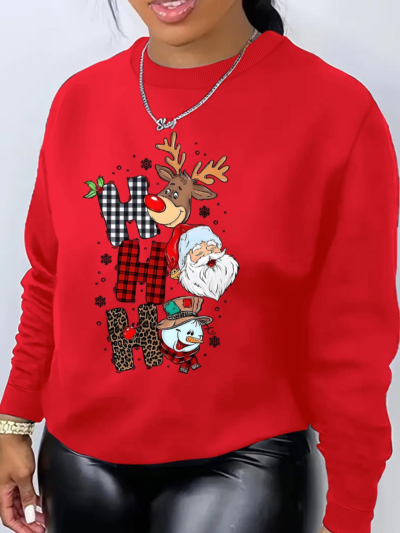 Women's Christmas Reindeer Print Sweatshirt, Casual Round Neck Pullover, Polyester Knit Fabric, Festive Holiday Fashion Top for Fall/Winter Season