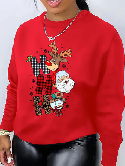 Women's Christmas Reindeer Print Sweatshirt, Casual Round Neck Pullover, Polyester Knit Fabric, Festive Holiday Fashion Top for Fall/Winter Season