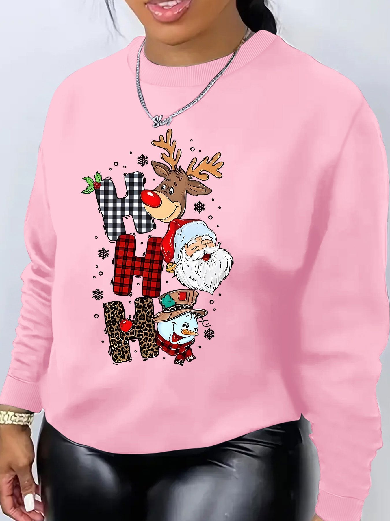 Women's Christmas Reindeer Print Sweatshirt, Casual Round Neck Pullover, Polyester Knit Fabric, Festive Holiday Fashion Top for Fall/Winter Season