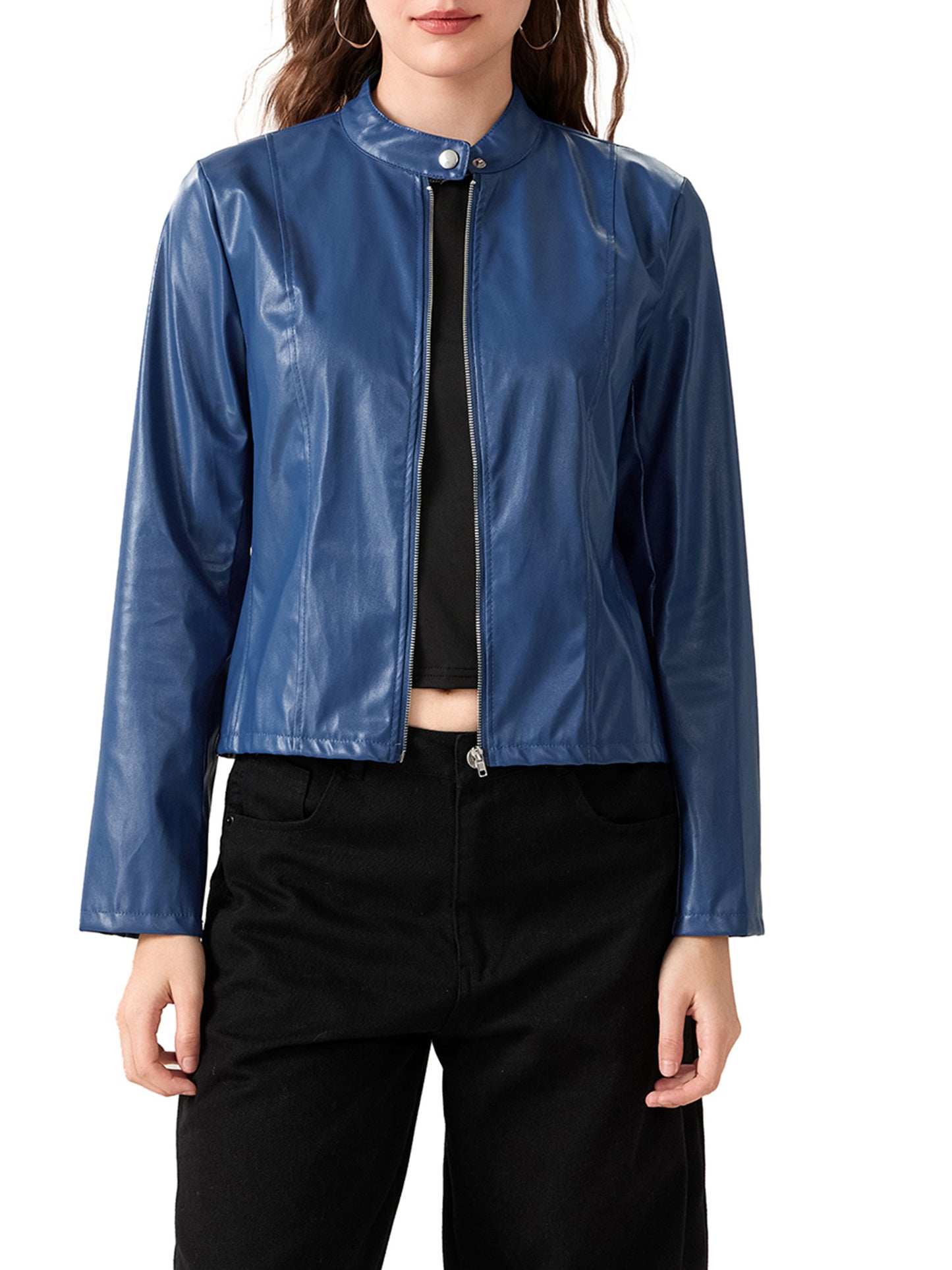 Women's Faux Leather Jacket, Slim Moto Biker Jacket Outerwear, Long Sleeve Zipper Short Jacket