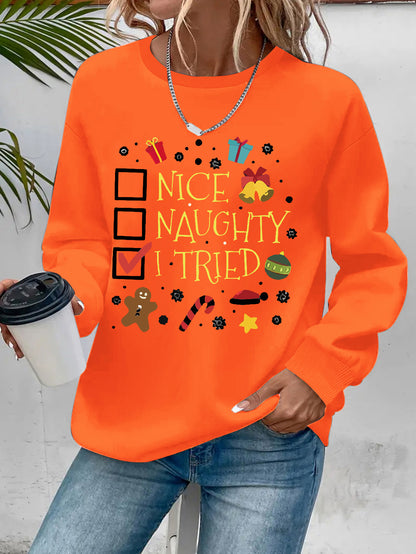 Women's Christmas Crew Neck Sweatshirt | 100% Polyester Knit Fabric | Casual Style Long Sleeve Pullover with "Nice Naughty I Tried" & Holiday Motifs Print | Cozy & Soft for Spring/Fall