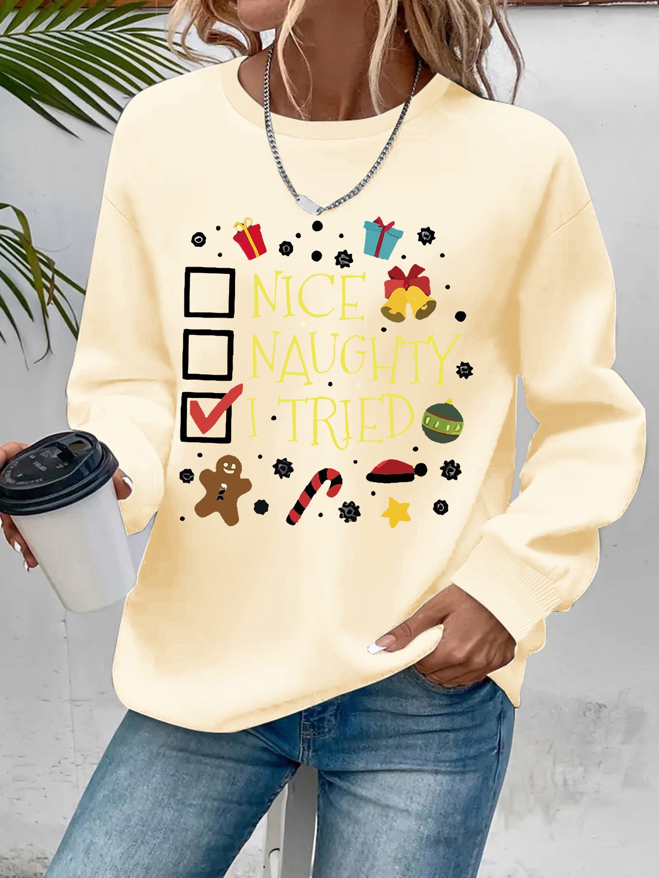 Women's Christmas Crew Neck Sweatshirt | 100% Polyester Knit Fabric | Casual Style Long Sleeve Pullover with "Nice Naughty I Tried" & Holiday Motifs Print | Cozy & Soft for Spring/Fall