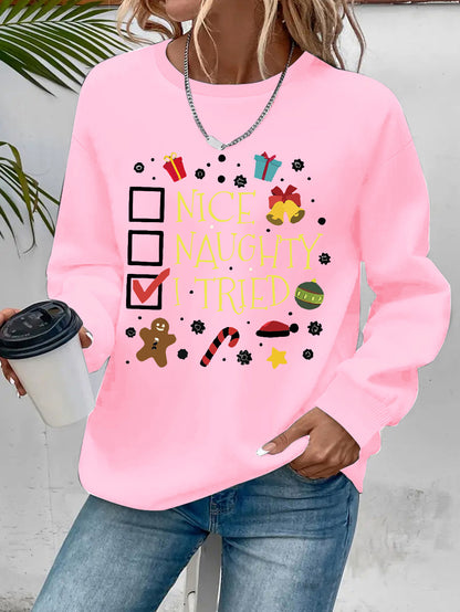 Women's Christmas Crew Neck Sweatshirt | 100% Polyester Knit Fabric | Casual Style Long Sleeve Pullover with "Nice Naughty I Tried" & Holiday Motifs Print | Cozy & Soft for Spring/Fall