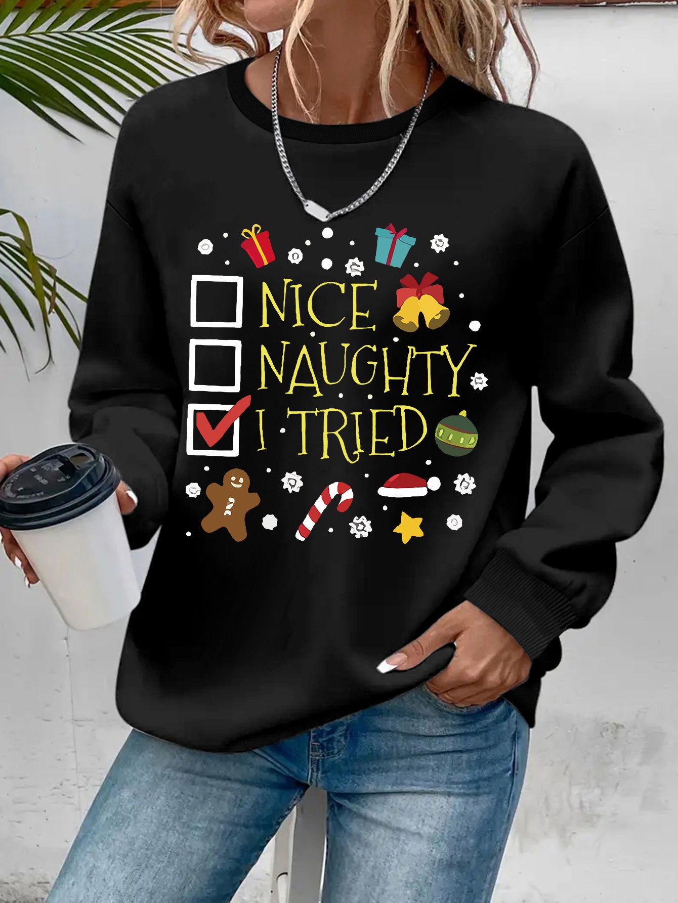 Women's Christmas Crew Neck Sweatshirt | 100% Polyester Knit Fabric | Casual Style Long Sleeve Pullover with "Nice Naughty I Tried" & Holiday Motifs Print | Cozy & Soft for Spring/Fall