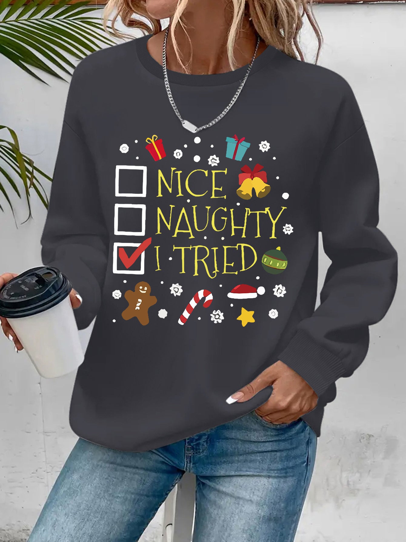 Women's Christmas Crew Neck Sweatshirt | 100% Polyester Knit Fabric | Casual Style Long Sleeve Pullover with "Nice Naughty I Tried" & Holiday Motifs Print | Cozy & Soft for Spring/Fall