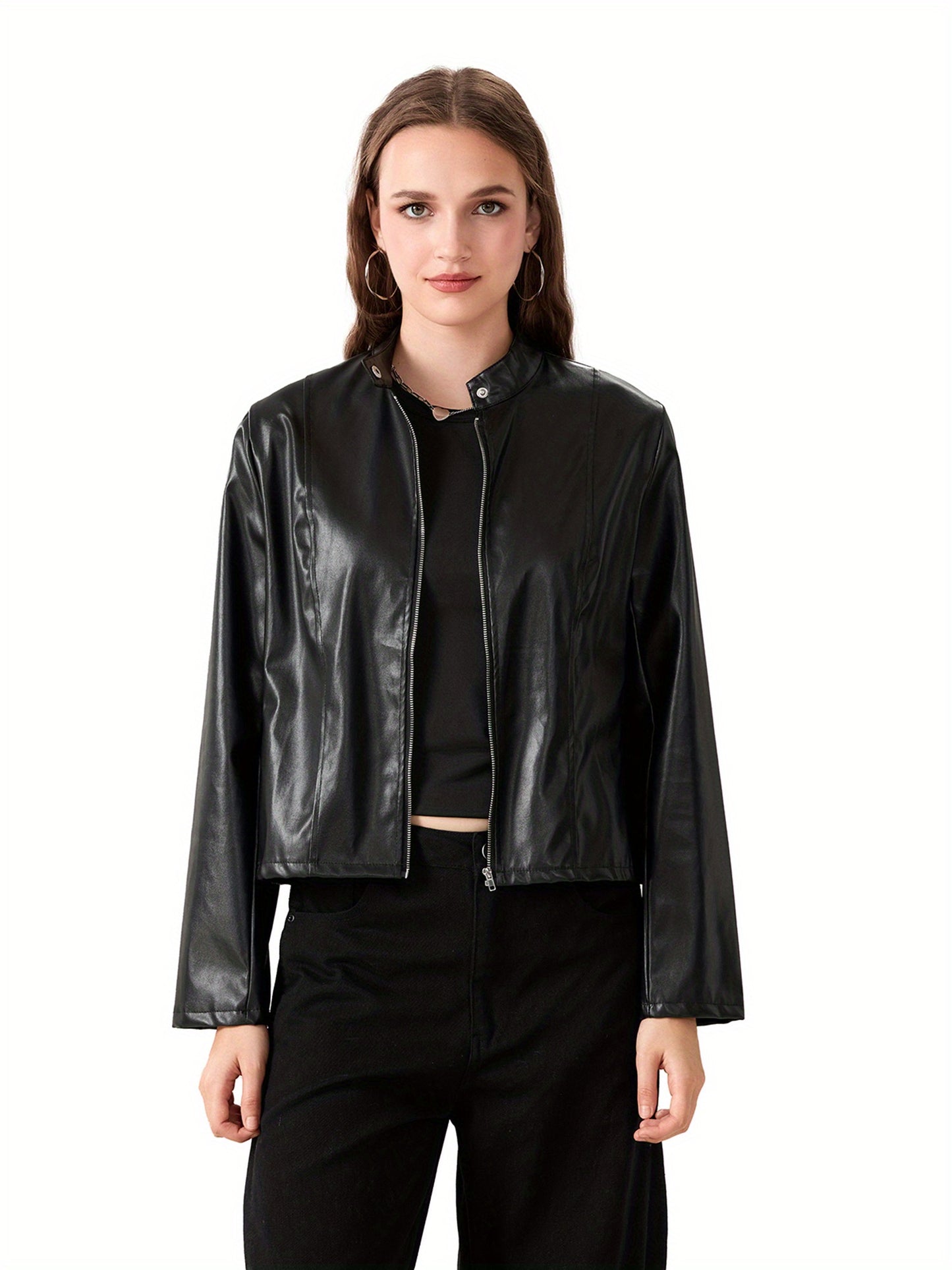 Women's Faux Leather Jacket, Slim Moto Biker Jacket Outerwear, Long Sleeve Zipper Short Jacket