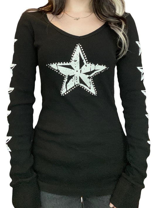 1pc Y2K Style Women'S Long Sleeve T-Shirt, Polyester Knit Round Neck with Starry Sky Print, Casual Slim Fit Gothic Top for All Seasons