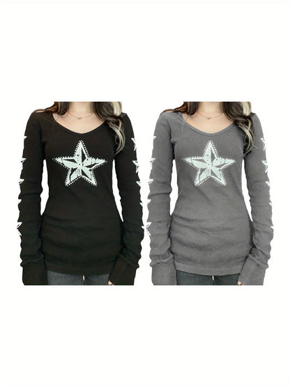 1 camiseta de manga larga para mujer estilo Y2K, cuello redondo de punto de poliéster con estampado de cielo estrellado, top gótico informal de corte ajustado para todas las estaciones