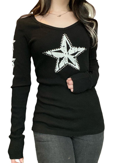 1 camiseta de manga larga para mujer estilo Y2K, cuello redondo de punto de poliéster con estampado de cielo estrellado, top gótico informal de corte ajustado para todas las estaciones