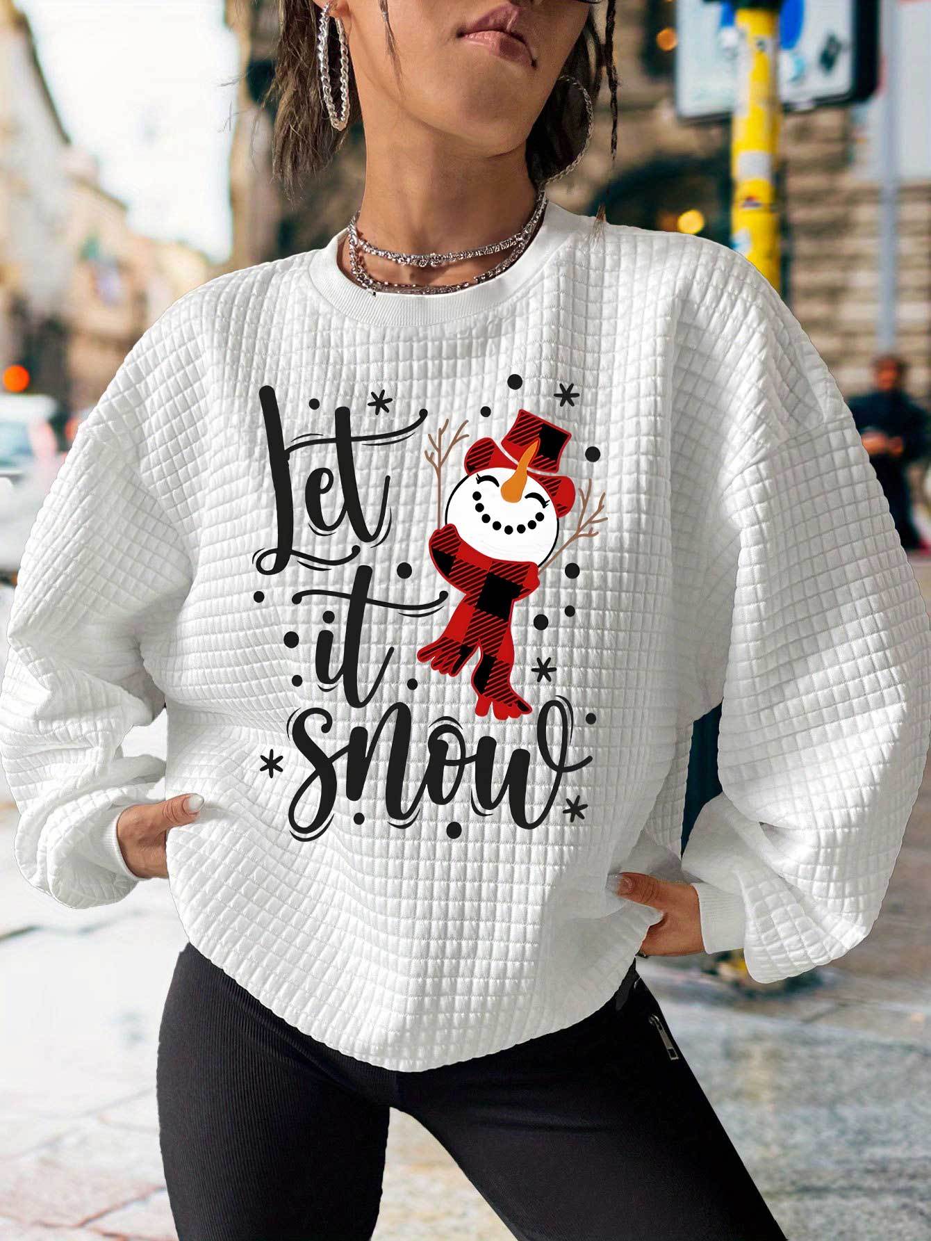 Women's Festive Christmas Snowman Print Sweatshirt - Casual Waffle Knit, Crew Neck, Long Sleeve Pullover for Fall & Winter