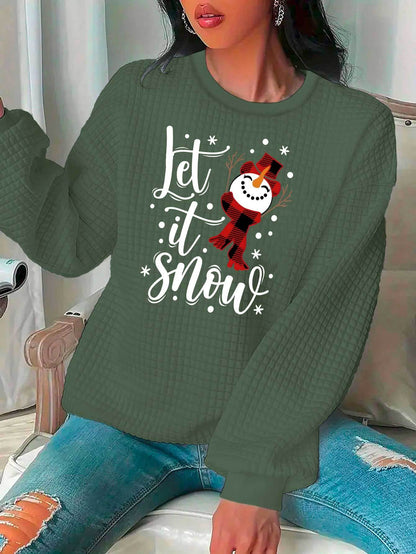 Women's Festive Christmas Snowman Print Sweatshirt - Casual Waffle Knit, Crew Neck, Long Sleeve Pullover for Fall & Winter