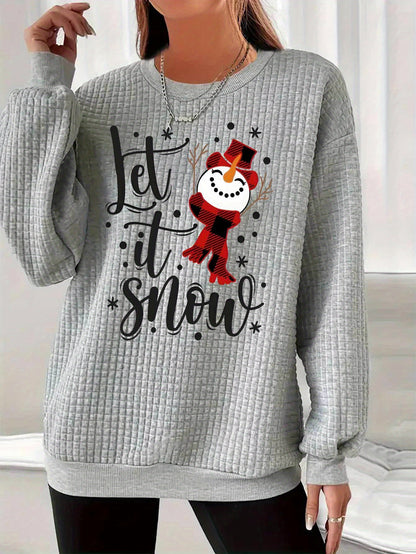 Women's Festive Christmas Snowman Print Sweatshirt - Casual Waffle Knit, Crew Neck, Long Sleeve Pullover for Fall & Winter