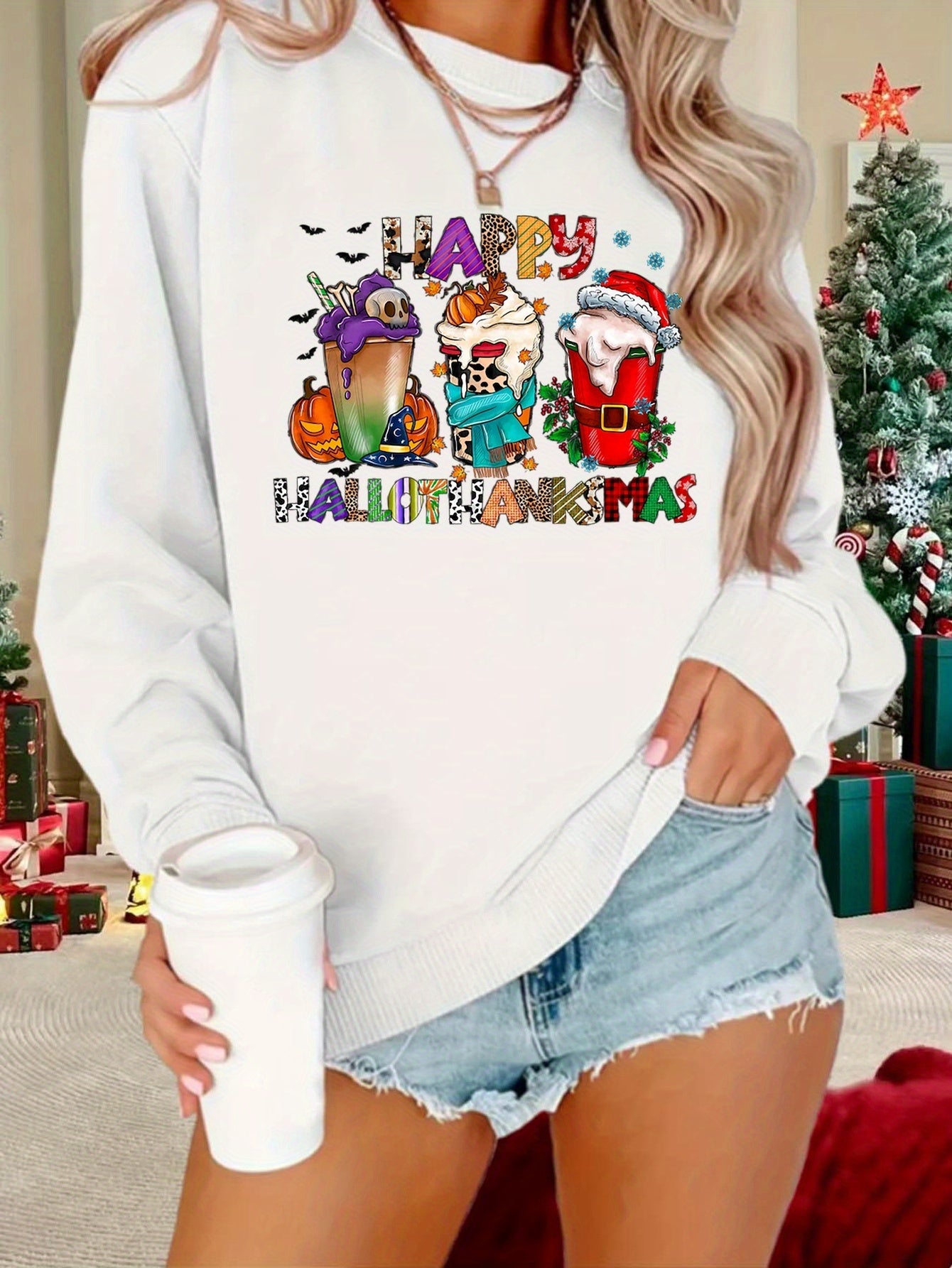 Drinks Print Sweatshirt, Crew Neck Casual Sweatshirt For Winter & Fall, Women's Clothing