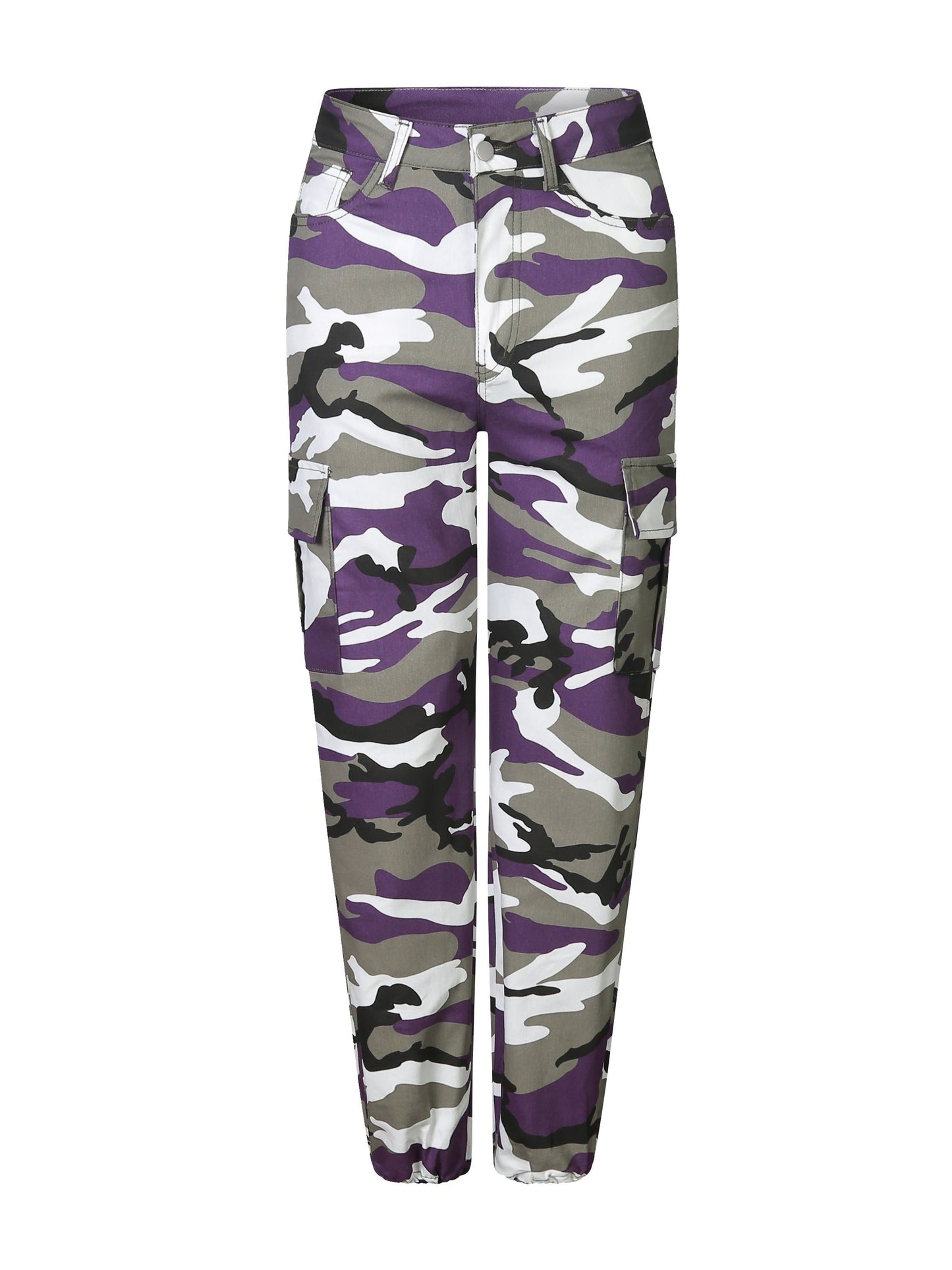 Women's Plus Size Camo Cargo Pants - Stretch Denim with Flap Pockets, Casual Streetwear Style, Machine Washable