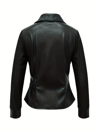Blusa de piel sintética con botones en la parte delantera, elegante blusa ajustada de técnica mixta con mangas largas tipo ilusión para primavera y verano, ropa de mujer