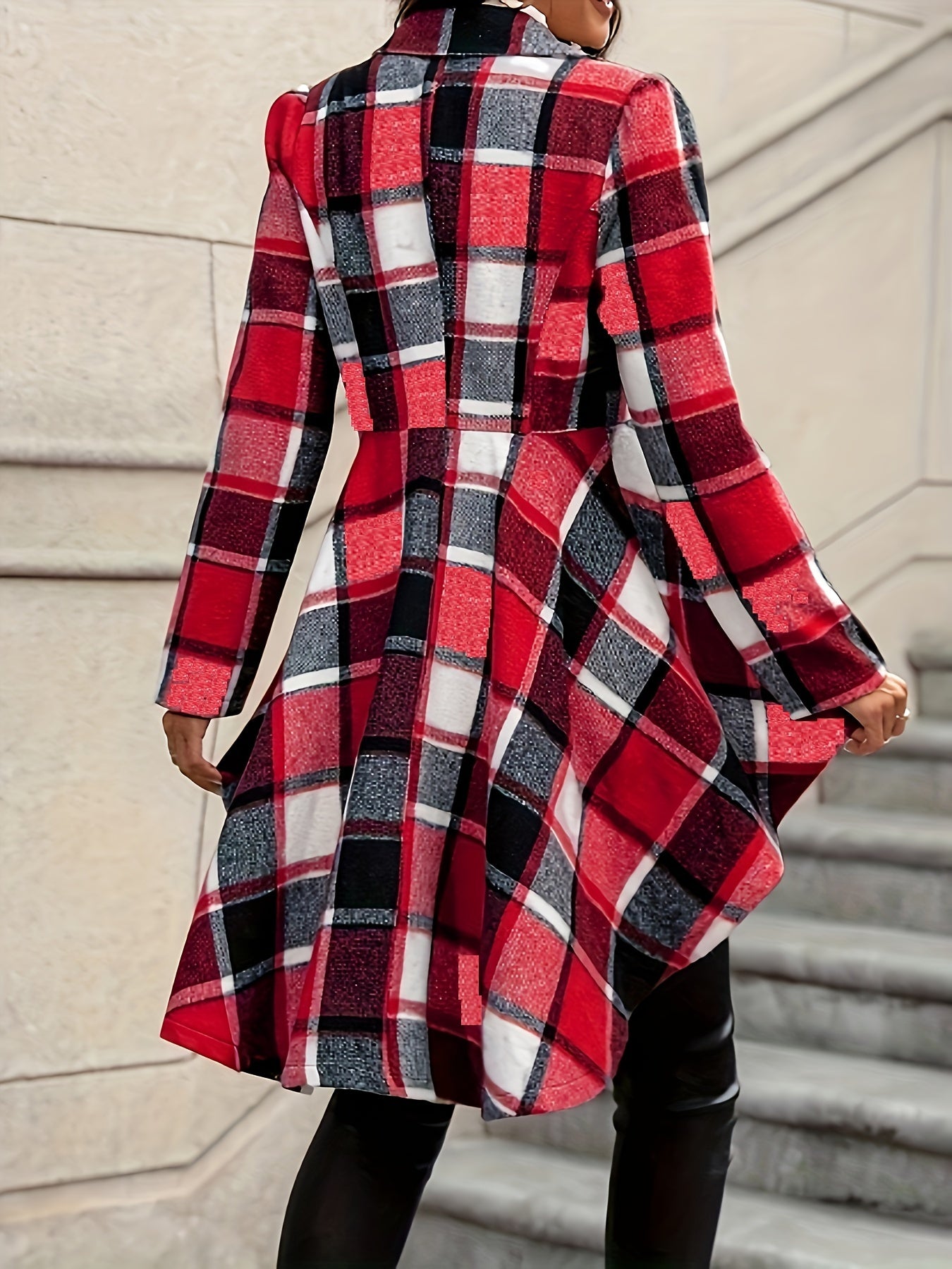 1pc Elegant Plaid Lapel Jacket for Women, Long Sleeve Asymmetrical Flare Coat, Casual Polyester Color Block Woven Outerwear for Fall/Winter