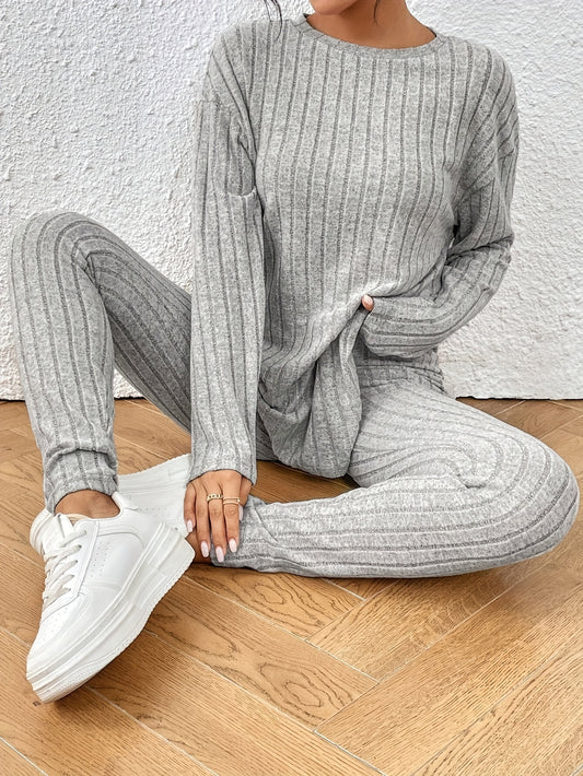 Two-Piece Solid Crew Neck Rib-Knit Set