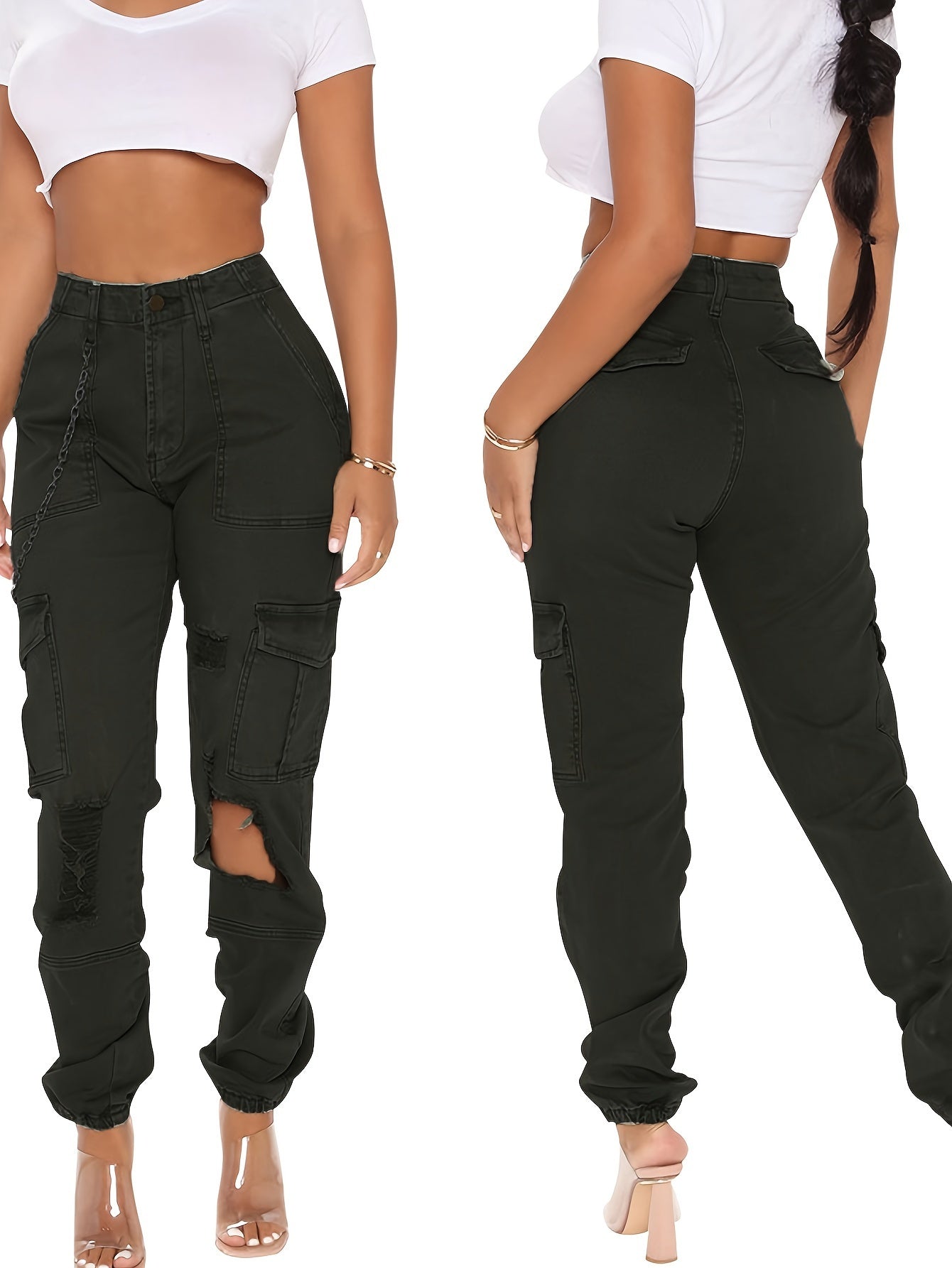 Camo Cargo Pants For Women High Waisted Camoflage Slim Fit Ripped Trousers Sweatpants With Pockets