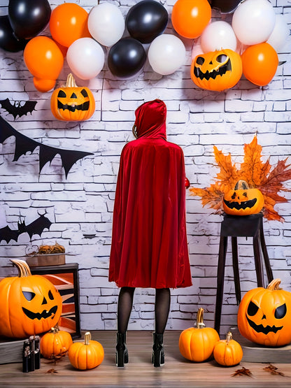 Women's Spooky Red Riding Hood Cosplay Dress - Long Sleeve, Flowy, Cape Cloak, Hooded, Zipper Back, High-Quality Costume Clothings for Halloween Party, Role-Playing, and Photography