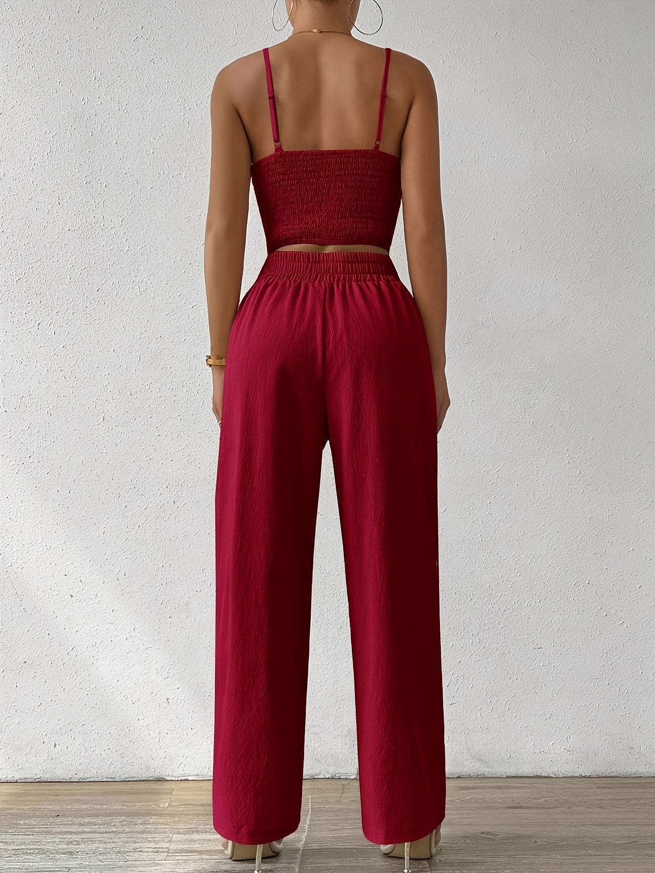 Women's Elegant Solid Color Polyester Off-Shoulder Top and Wide Leg Pants Set