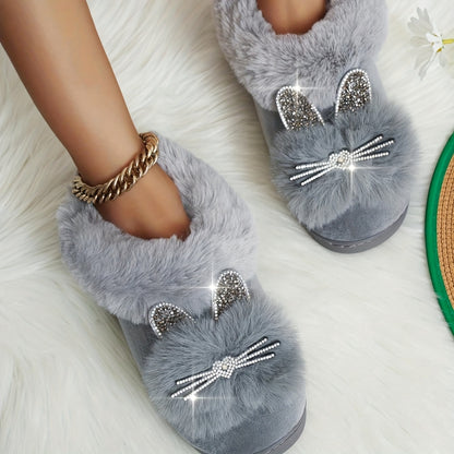 Cute Rhinestone Plush Cat Slippers, Cozy & Warm Fluffy Soft Sole Slip On Shoes, Winter Fuzzy Home Slippers