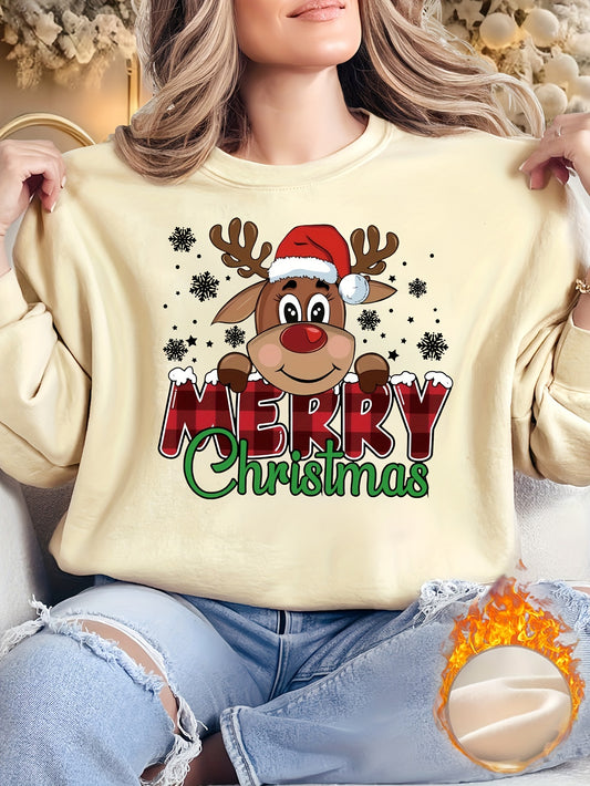 Sudadera acogedora con renos festivos: tejido de punto 100 % poliéster suave, diseño de estampado de dibujos animados vibrantes, jersey de manga larga para otoño/invierno, estilo informal de cuello redondo, perfecto para fiestas navideñas y regalos