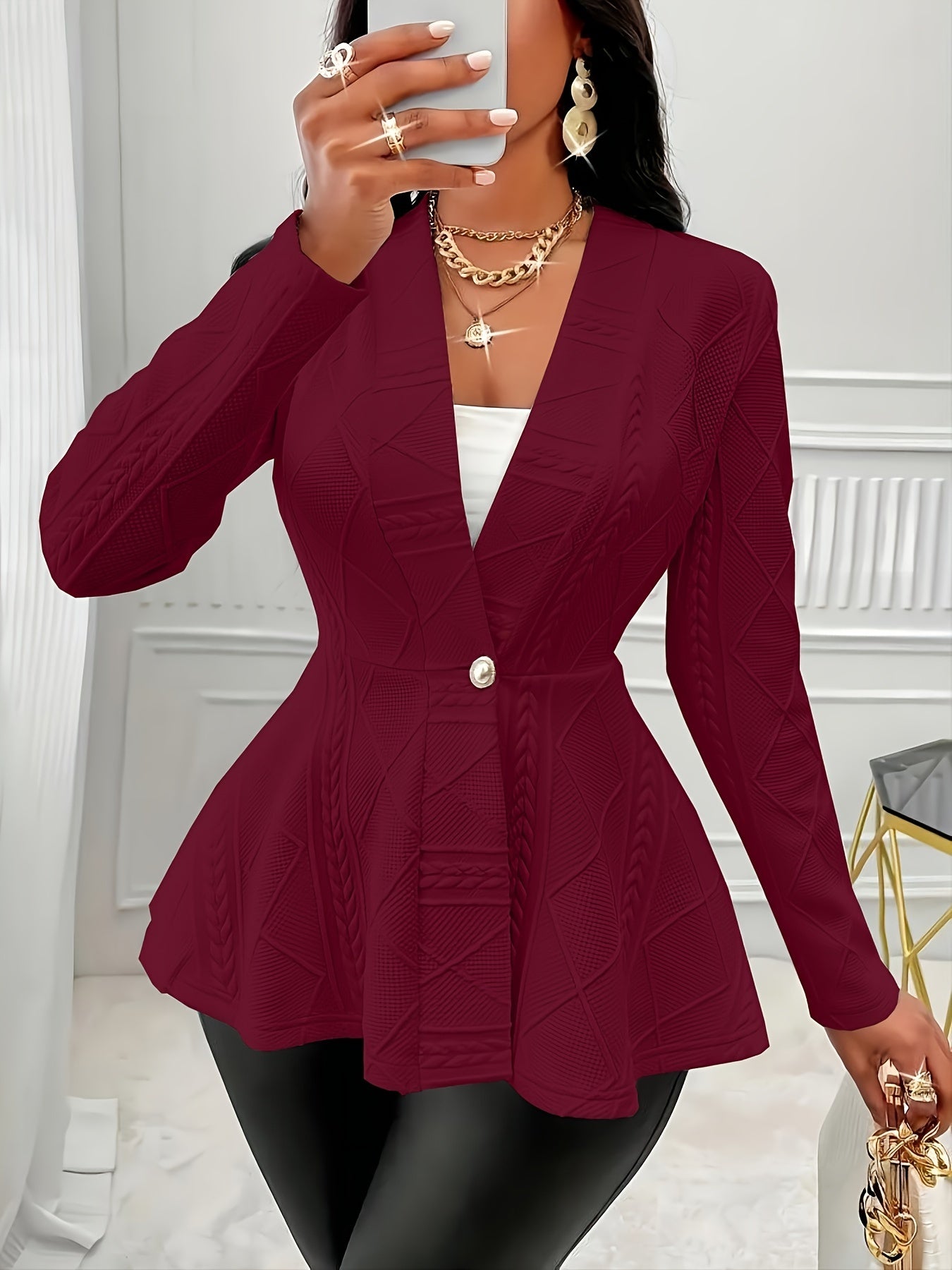 Plus Size Stylish Solid Textured Button Front Coat - Chic Casual Long Sleeve Outwear for Spring and Fall Seasons - Women's Fashionable Plus Size Clothing for Everyday Wear