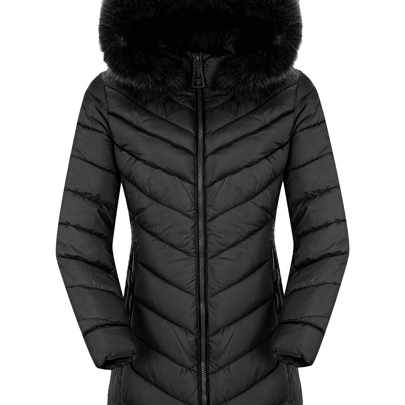 Zip-up Faux Fur Trim Hoodie Puffy Coat, Casual Thermal Long Sleeve Coat For Fall & Winter, Women's Clothing